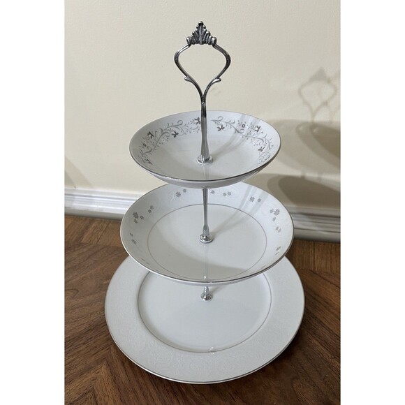 Custom Japan China Silver Gray Floral 3-Tiered Serving Tray Cake Stand Tea Party - Picture 1 of 8